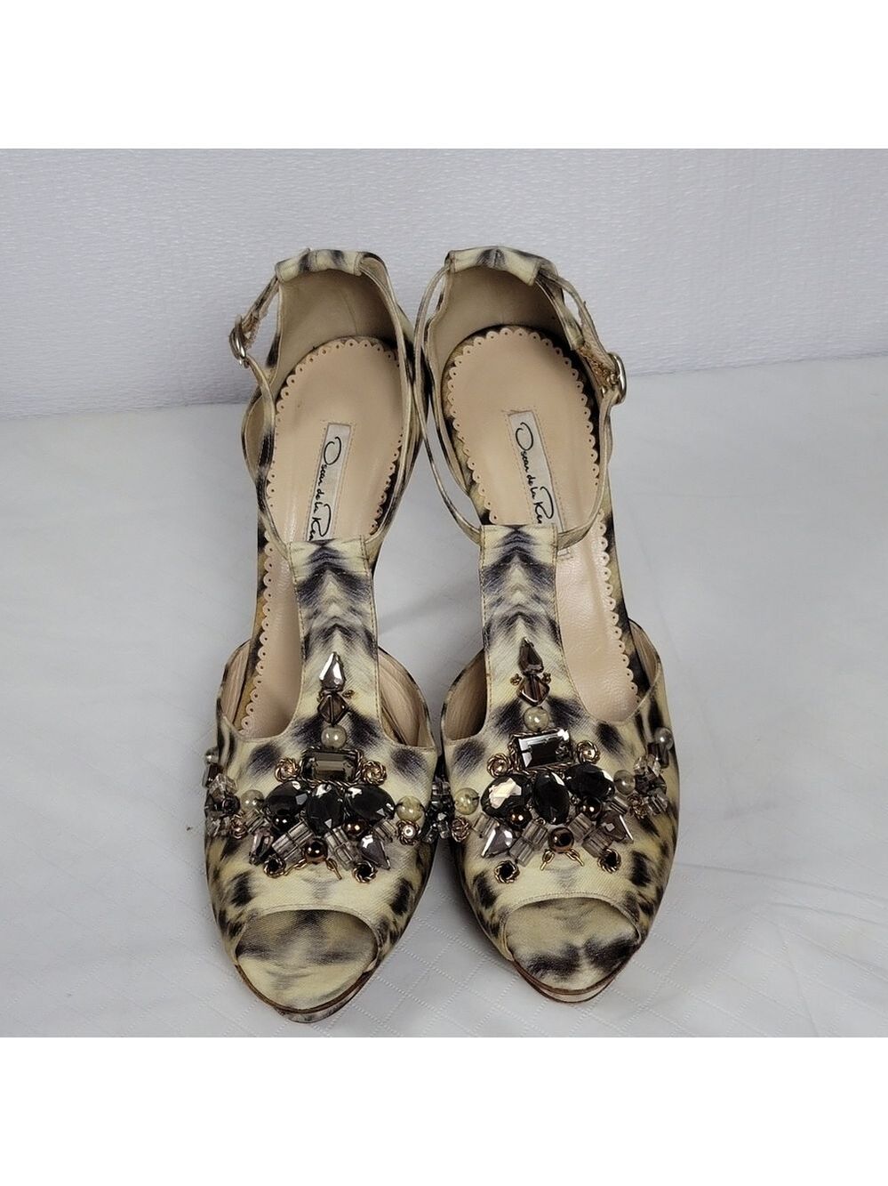 Oscar De La Renta Crystal Embellished Animal Print Platform Sandals 40 - Picture 7 of 14
